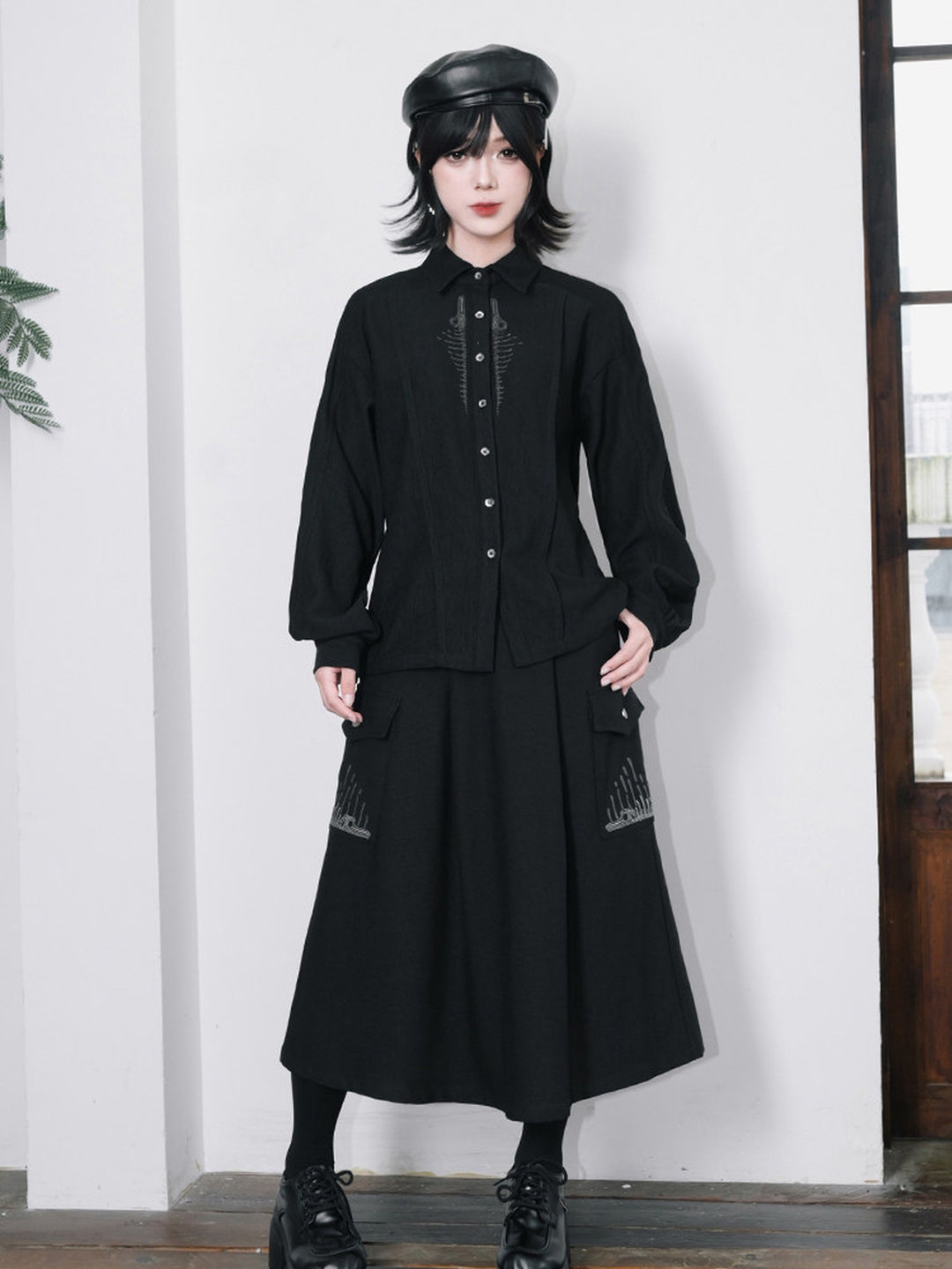 Black Whale Fall Embroidered Cargo A-Line Maxi Skirt