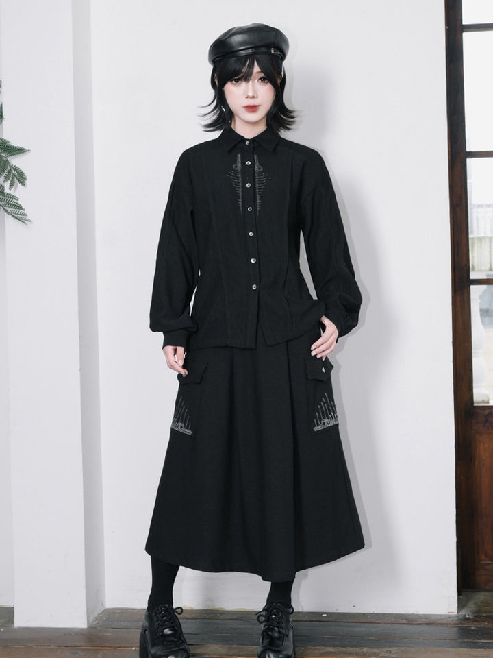 Black Whale Fall Embroidered Cargo A-Line Maxi Skirt
