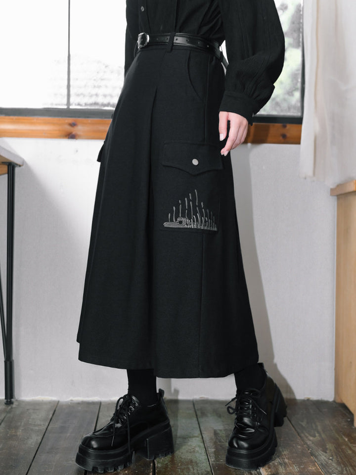 Black Whale Fall Embroidered Cargo A-Line Maxi Skirt