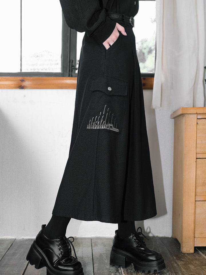 Black Whale Fall Embroidered Cargo A-Line Maxi Skirt