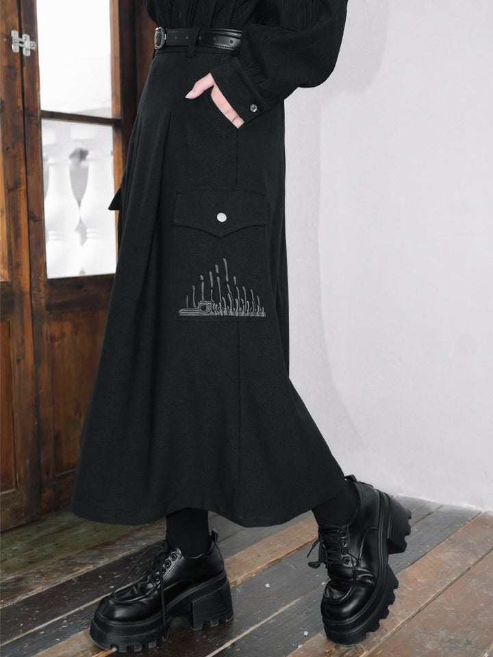Black Whale Fall Embroidered Cargo A-Line Maxi Skirt