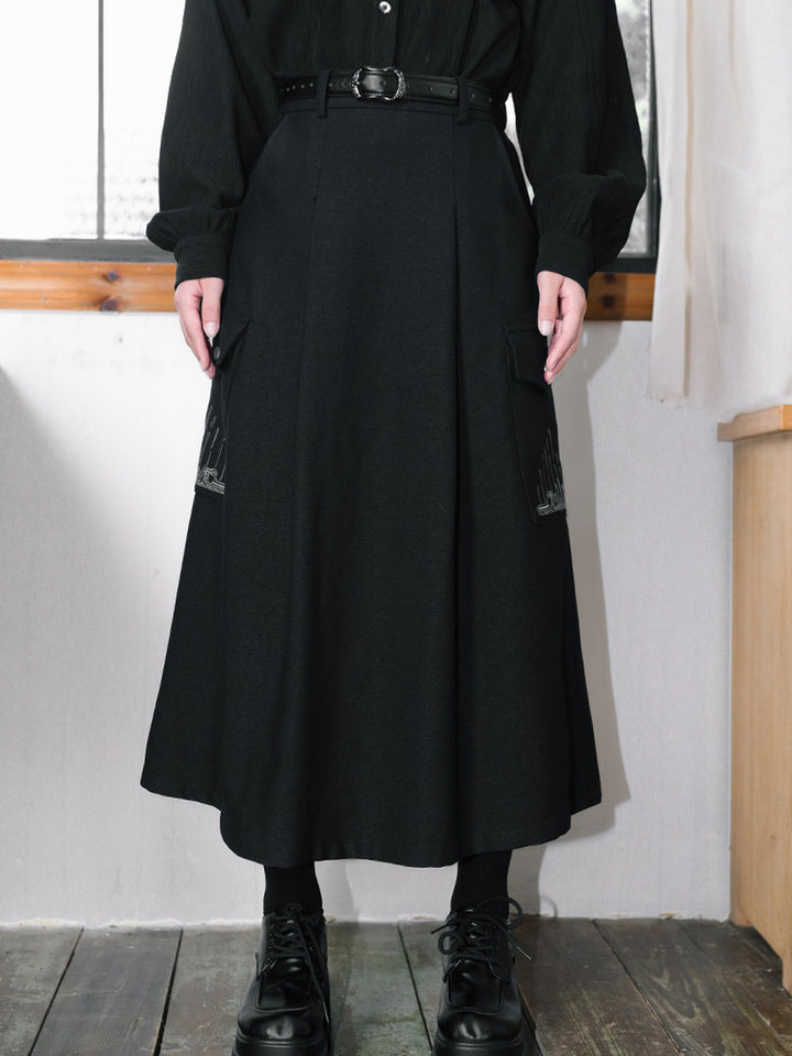 Black Whale Fall Embroidered Cargo A-Line Maxi Skirt