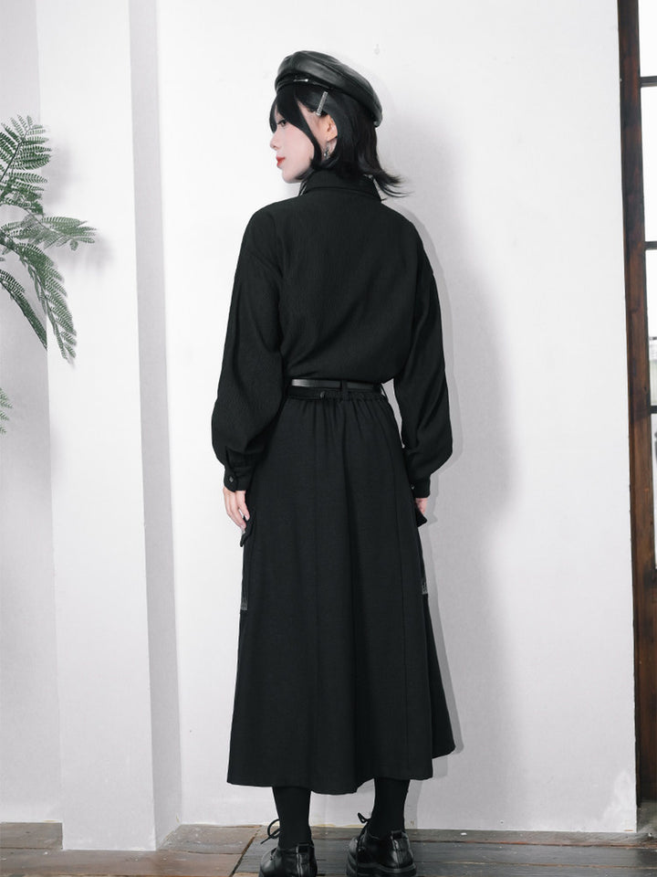 Black Whale Fall Embroidered Cargo A-Line Maxi Skirt