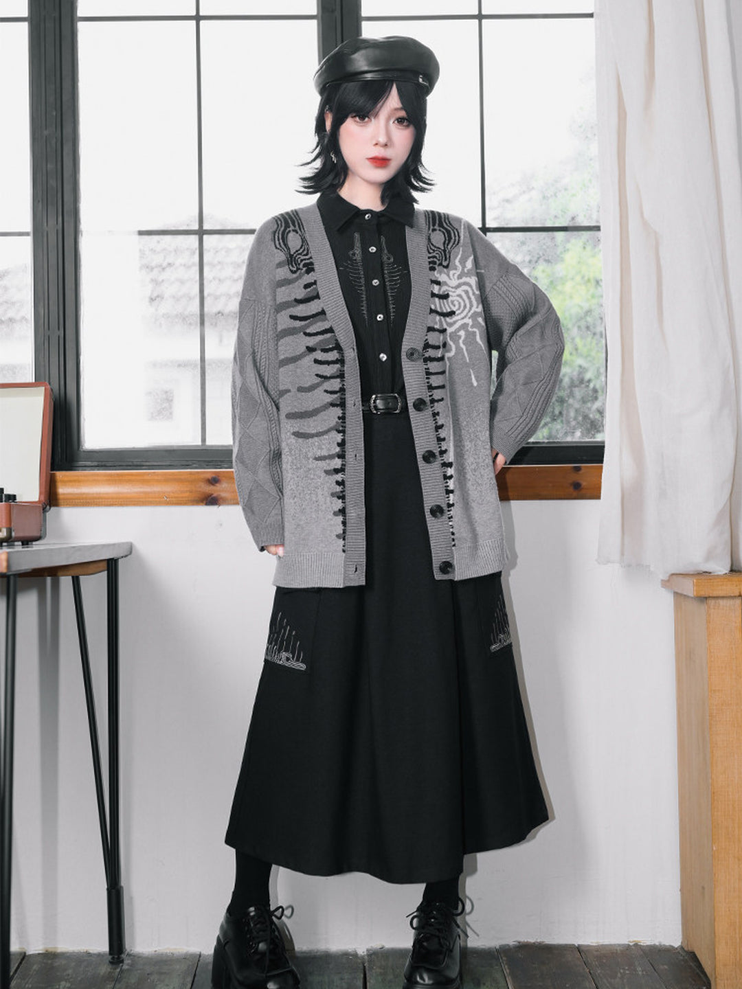 Black Whale Fall Embroidered Cargo A-Line Maxi Skirt