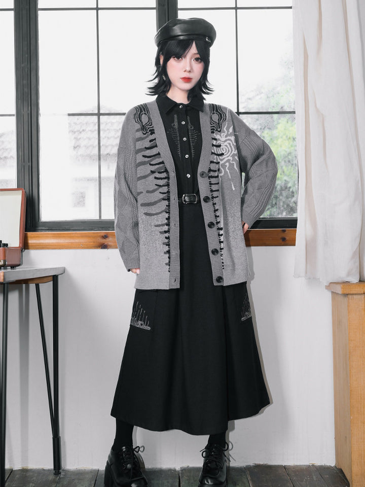 Black Whale Fall Embroidered Cargo A-Line Maxi Skirt