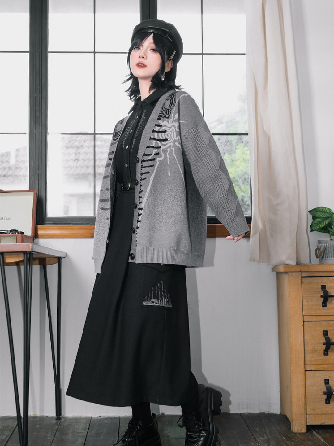 Black Whale Fall Embroidered Cargo A-Line Maxi Skirt