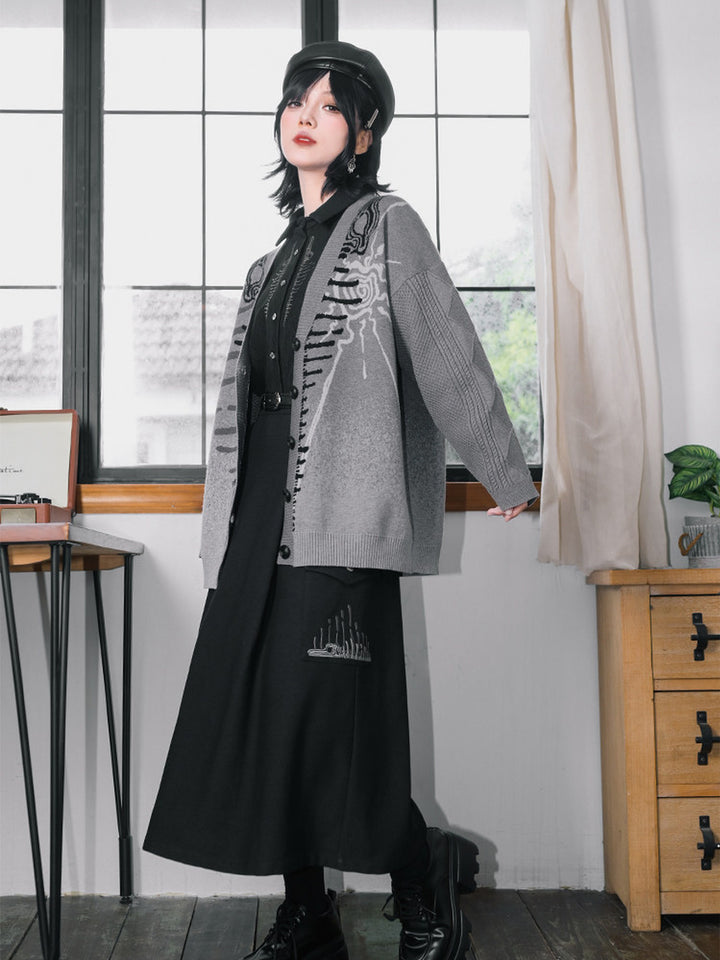 Black Whale Fall Embroidered Cargo A-Line Maxi Skirt