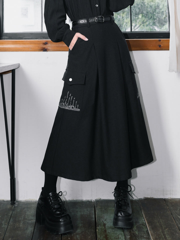 Black Whale Fall Embroidered Cargo A-Line Maxi Skirt