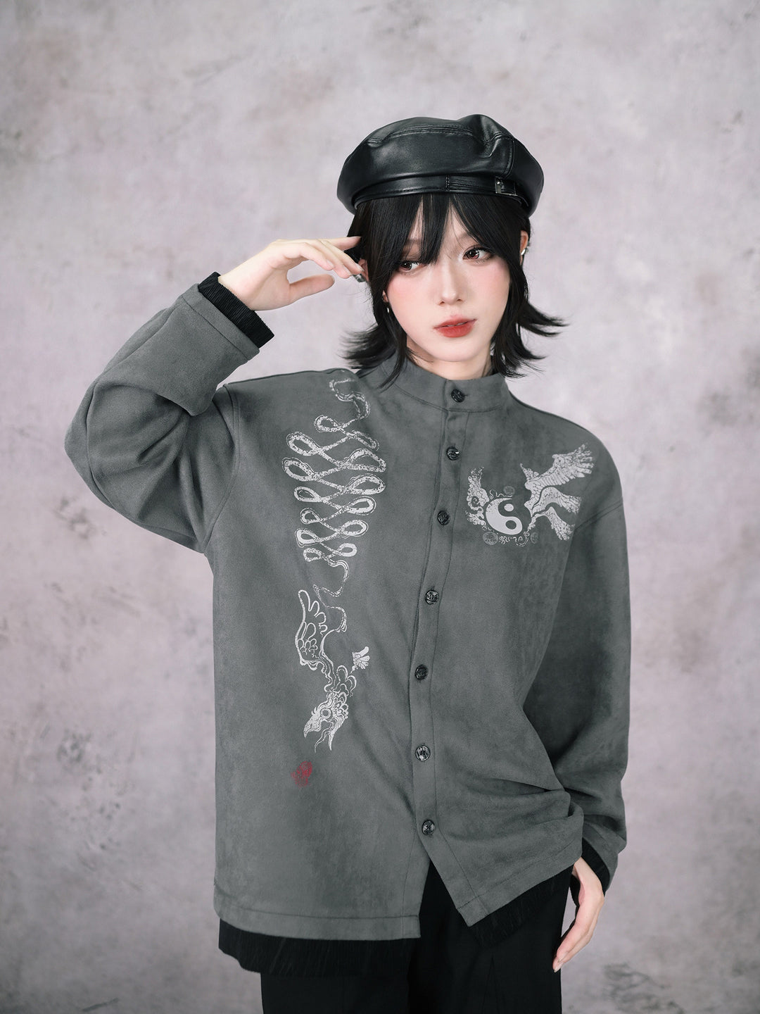 Gray Raven Graphic Faux-Layered Stand-Collar Shirt