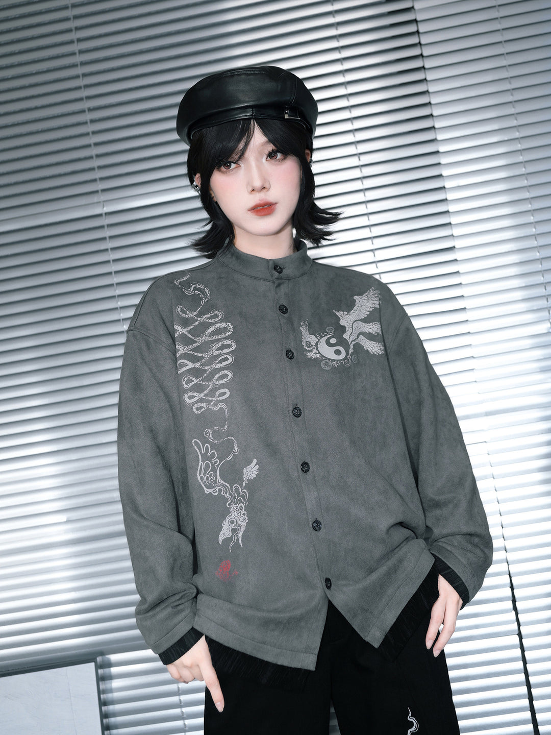 Gray Raven Graphic Faux-Layered Stand-Collar Shirt