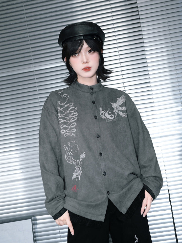 Gray Raven Graphic Faux-Layered Stand-Collar Shirt
