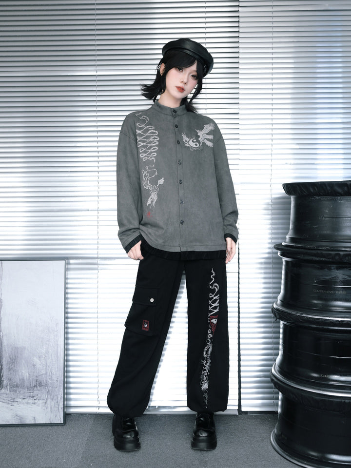 Gray Raven Graphic Faux-Layered Stand-Collar Shirt