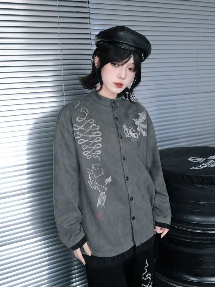 Gray Raven Graphic Faux-Layered Stand-Collar Shirt