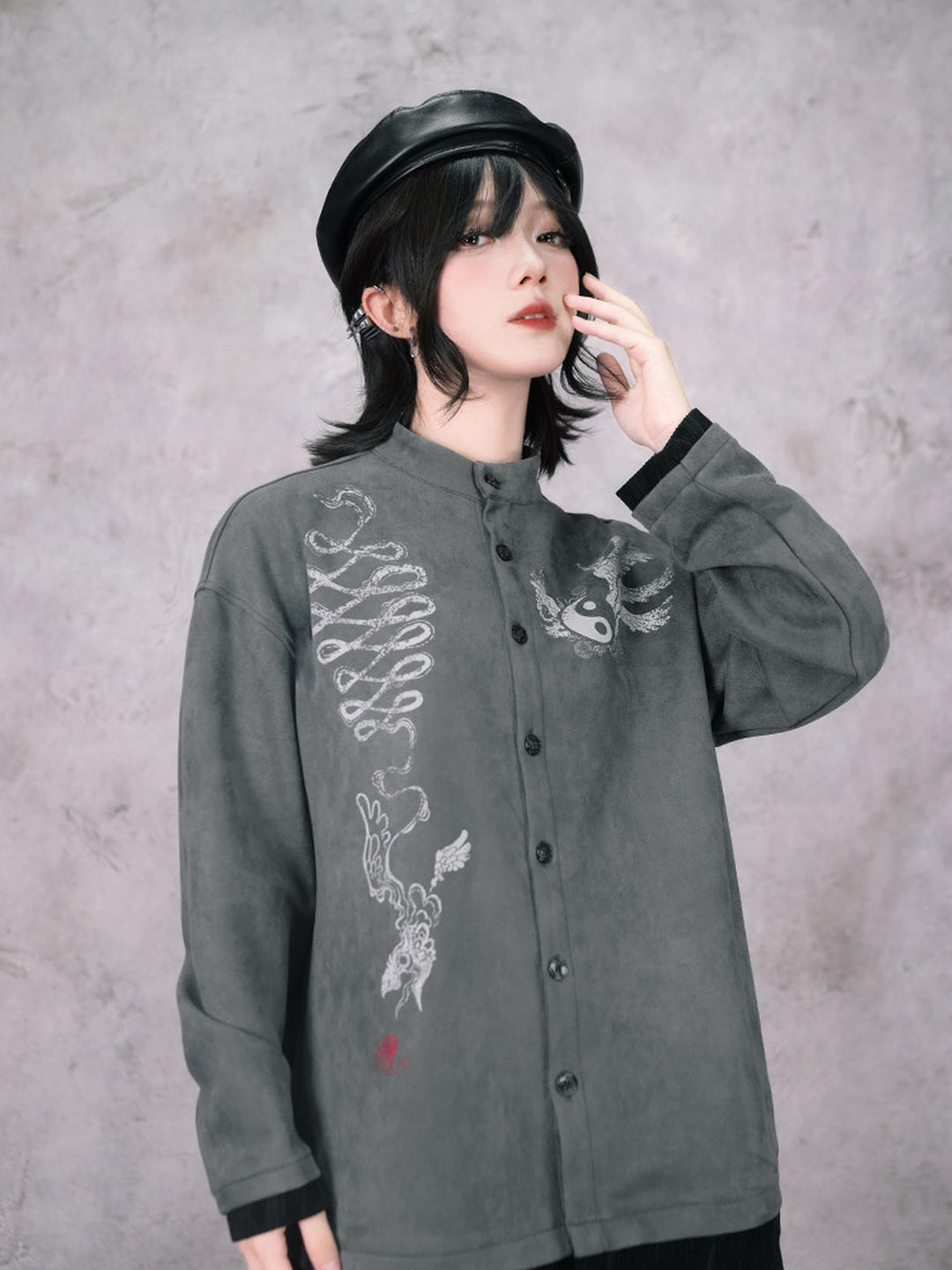 Gray Raven Graphic Faux-Layered Stand-Collar Shirt