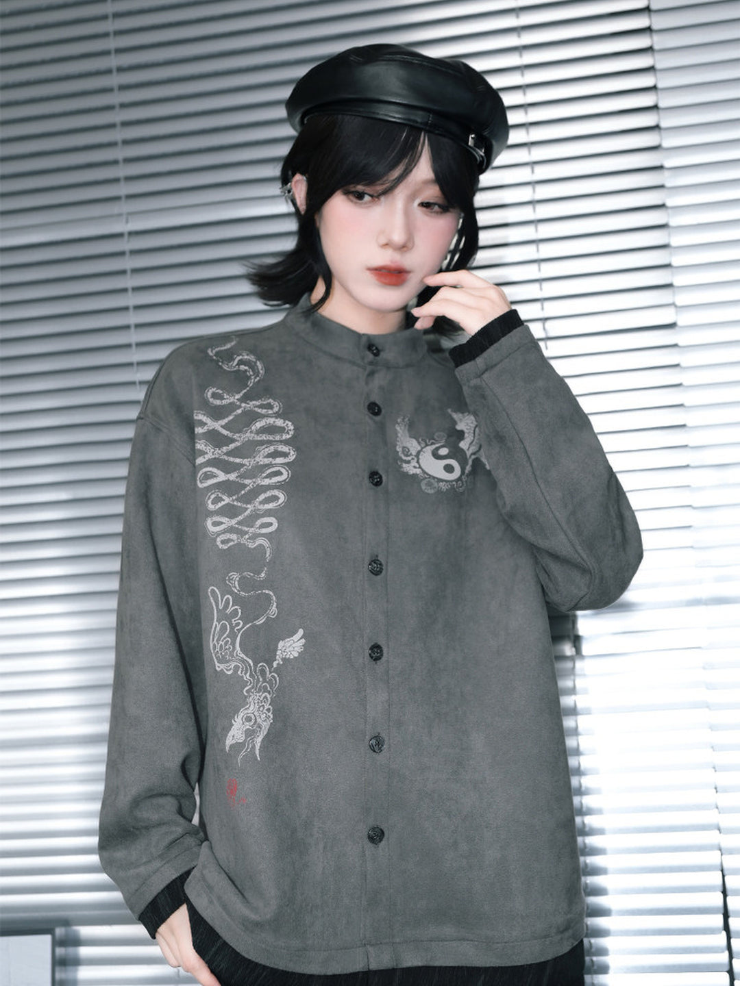 Gray Raven Graphic Faux-Layered Stand-Collar Shirt