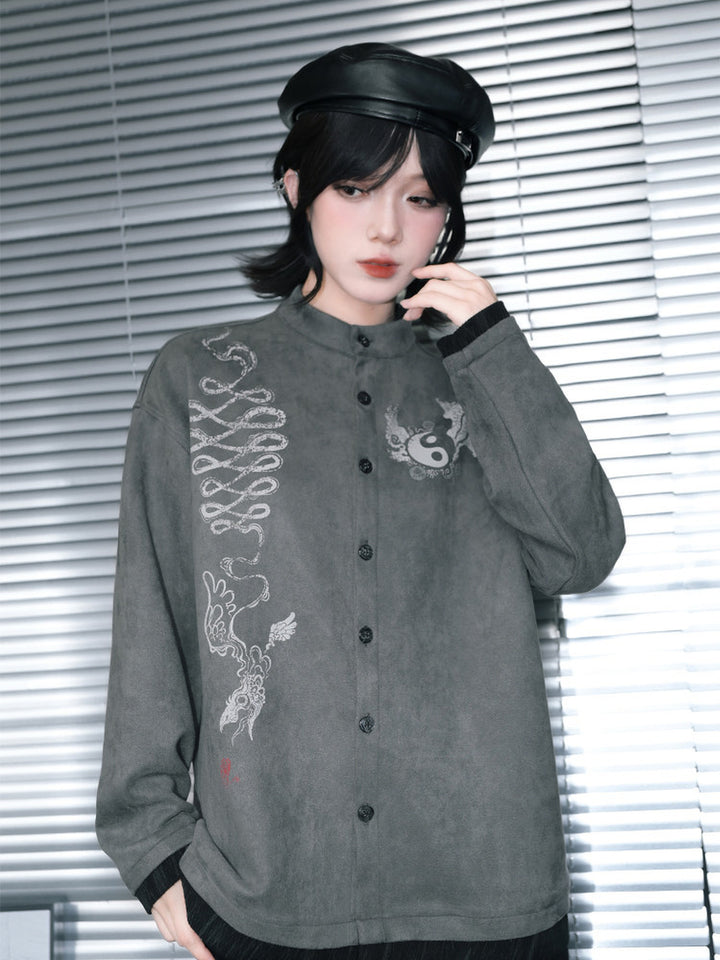 Gray Raven Graphic Faux-Layered Stand-Collar Shirt