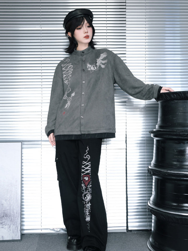 Gray Raven Graphic Faux-Layered Stand-Collar Shirt