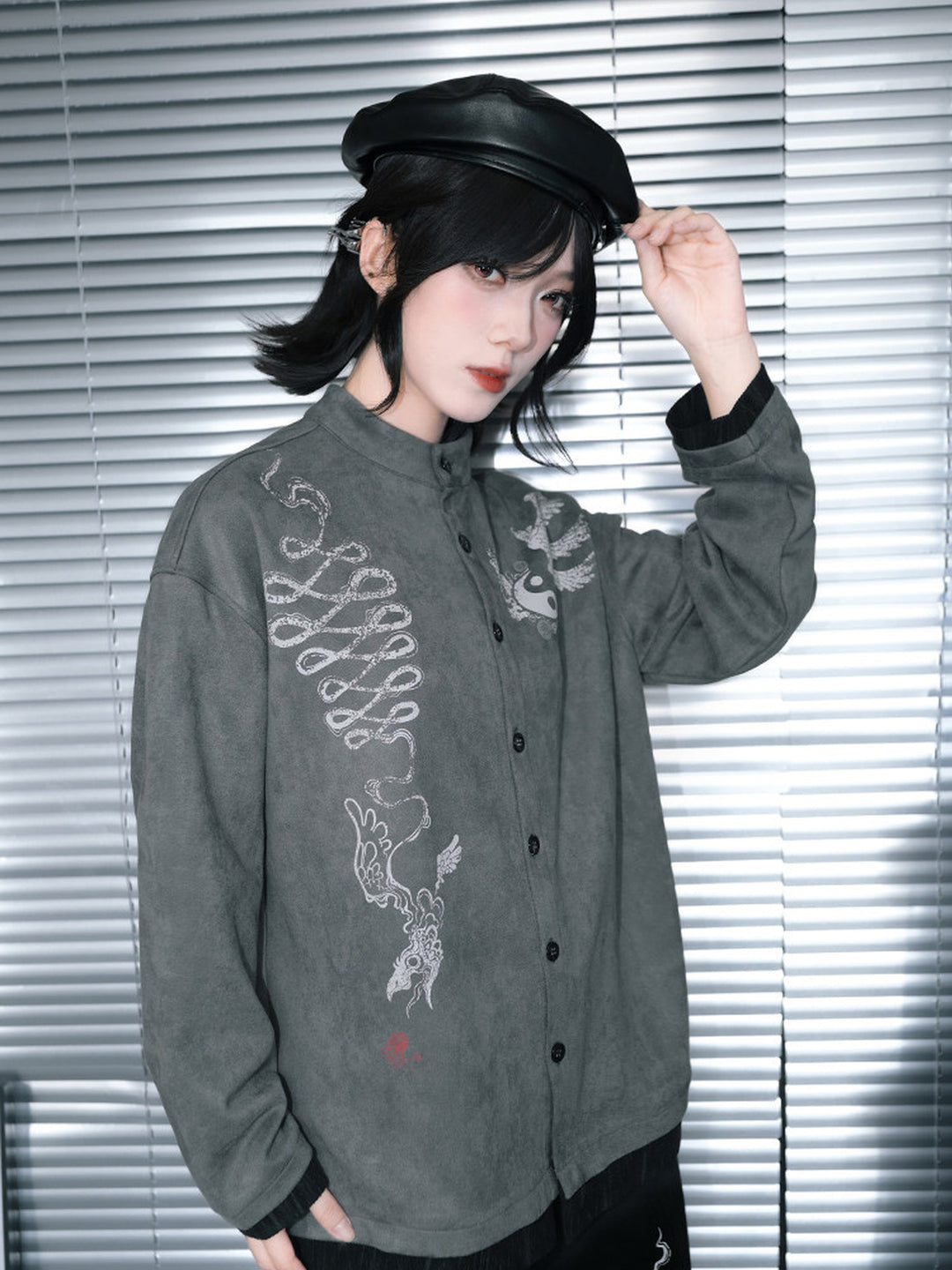 Gray Raven Graphic Faux-Layered Stand-Collar Shirt