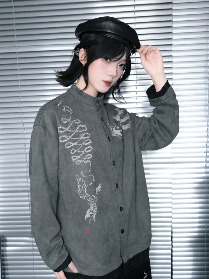 Gray Raven Graphic Faux-Layered Stand-Collar Shirt