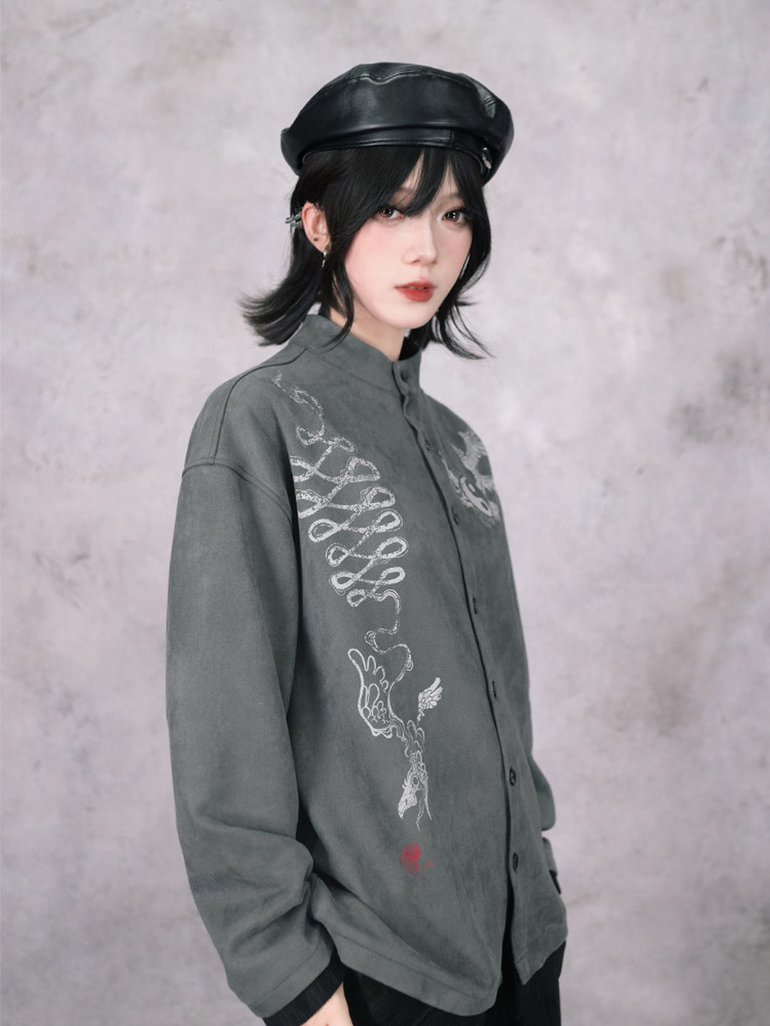 Gray Raven Graphic Faux-Layered Stand-Collar Shirt