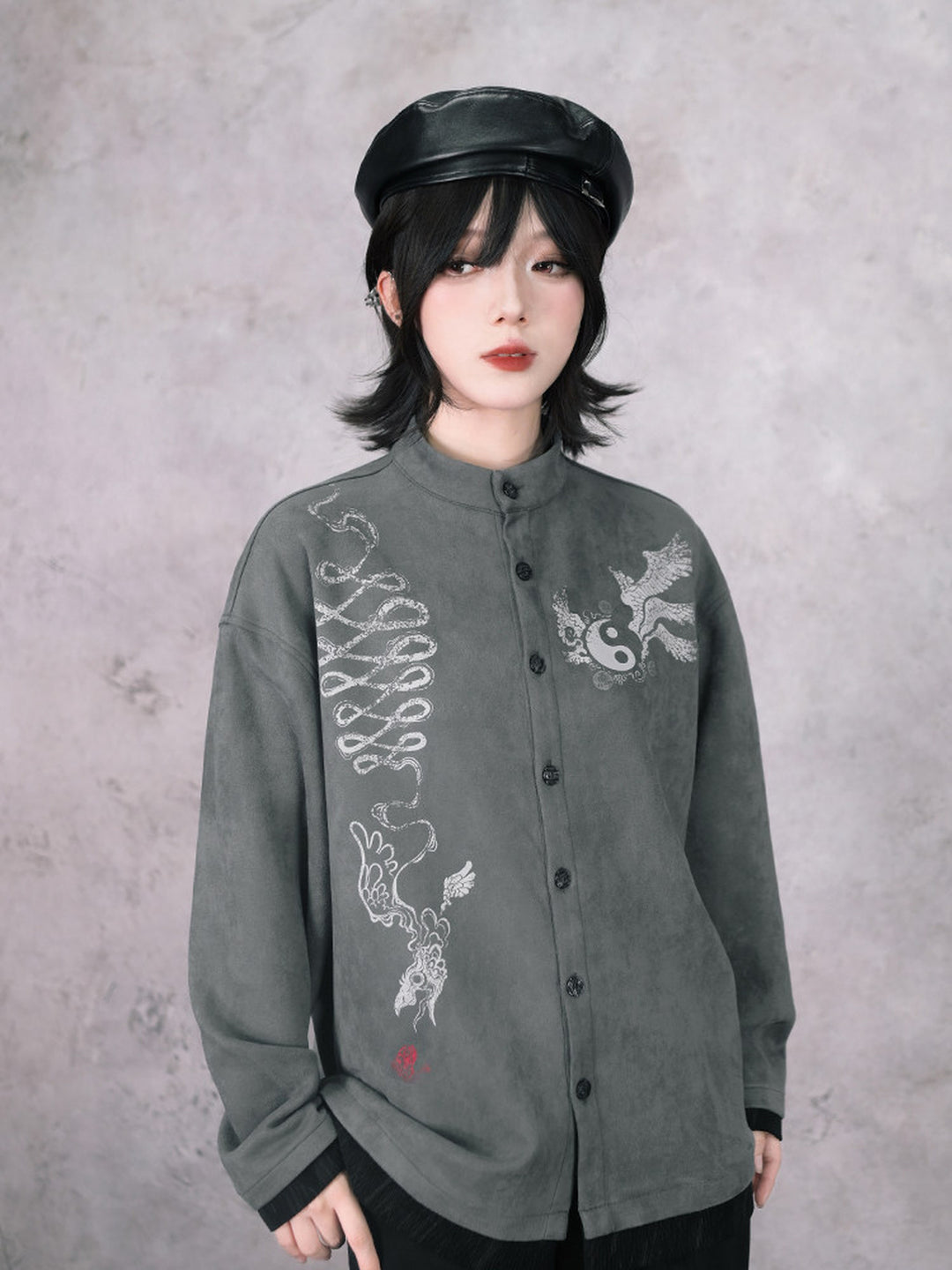 Gray Raven Graphic Faux-Layered Stand-Collar Shirt
