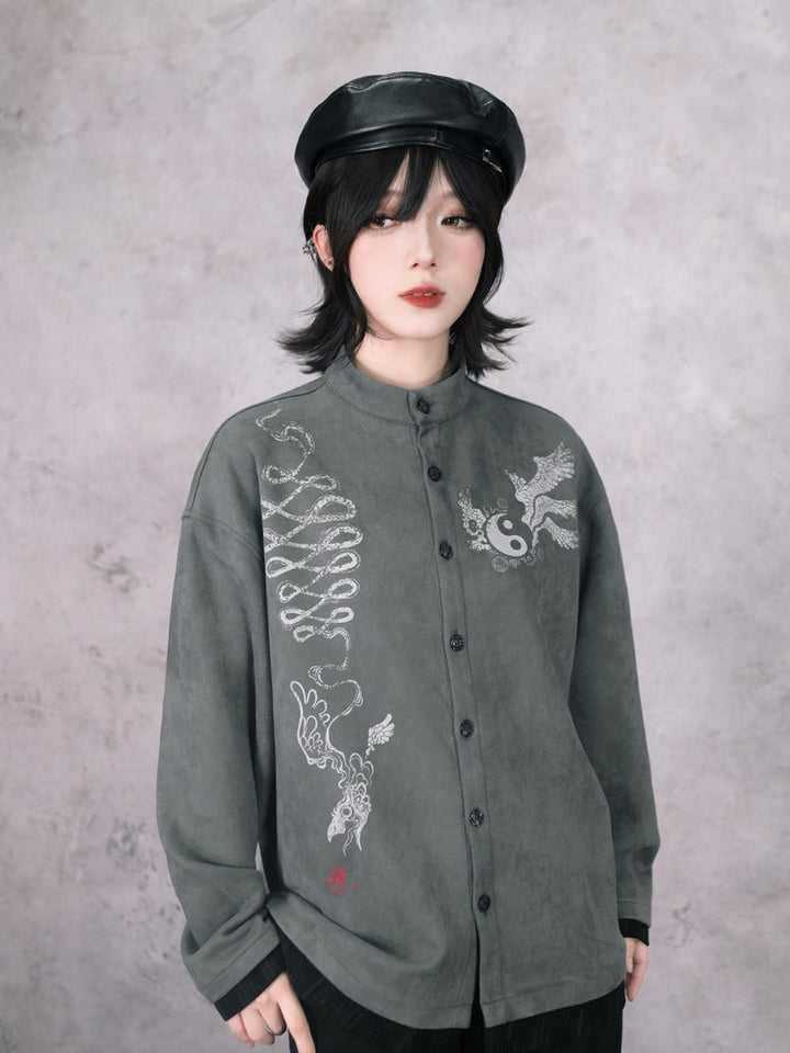 Gray Raven Graphic Faux-Layered Stand-Collar Shirt