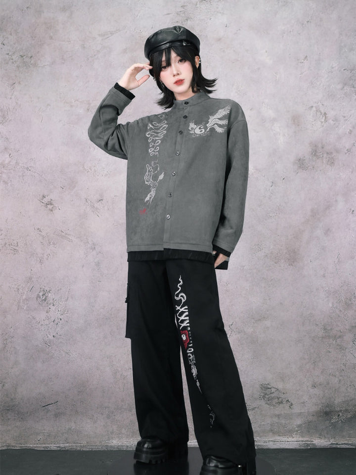 Gray Raven Graphic Faux-Layered Stand-Collar Shirt