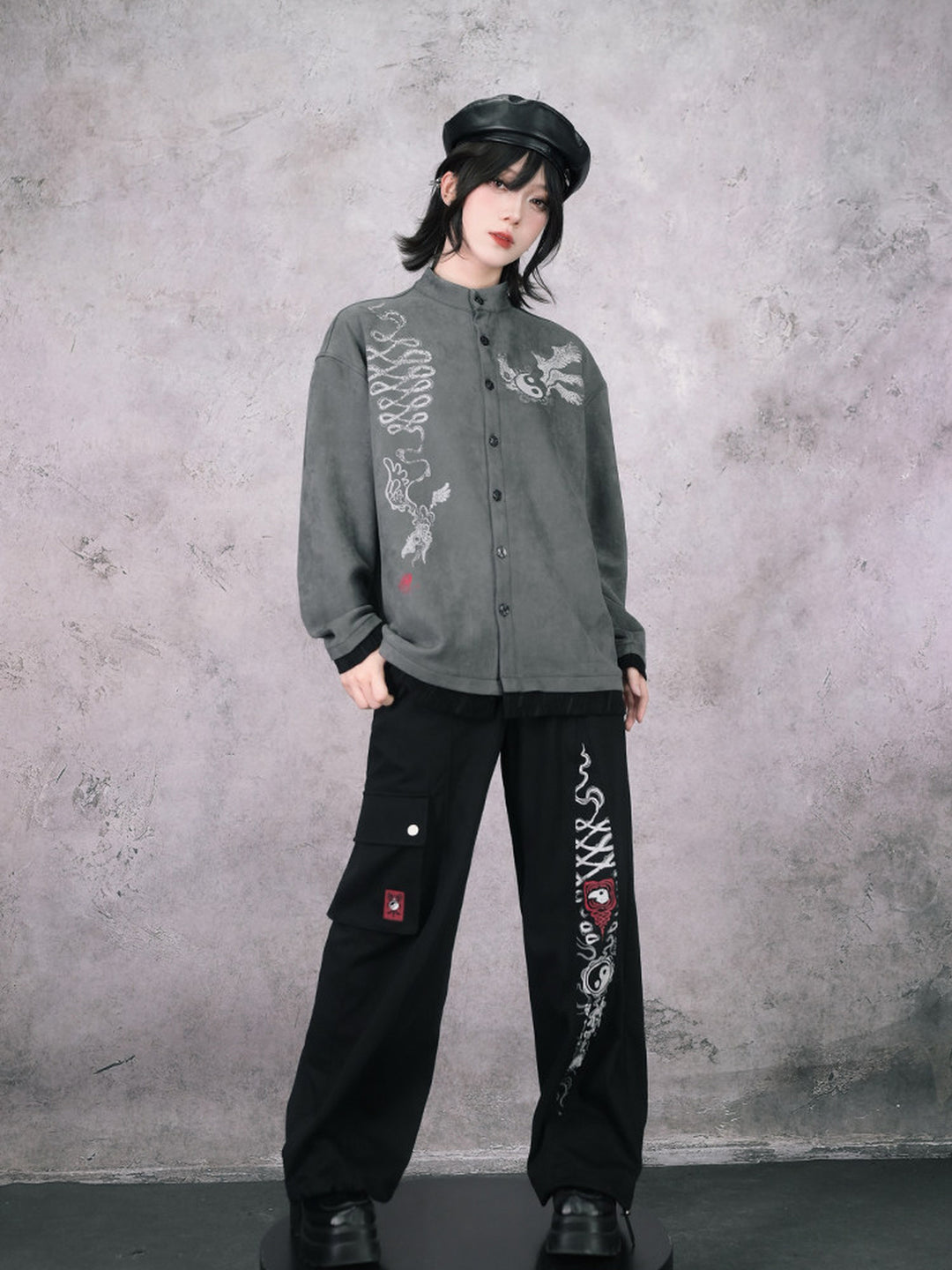 Gray Raven Graphic Faux-Layered Stand-Collar Shirt