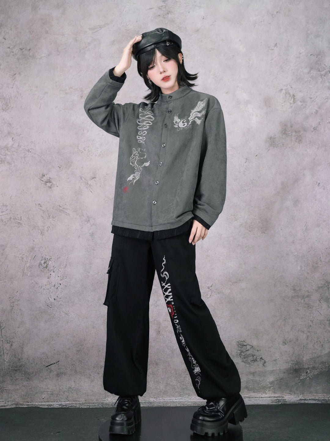 Gray Raven Graphic Faux-Layered Stand-Collar Shirt
