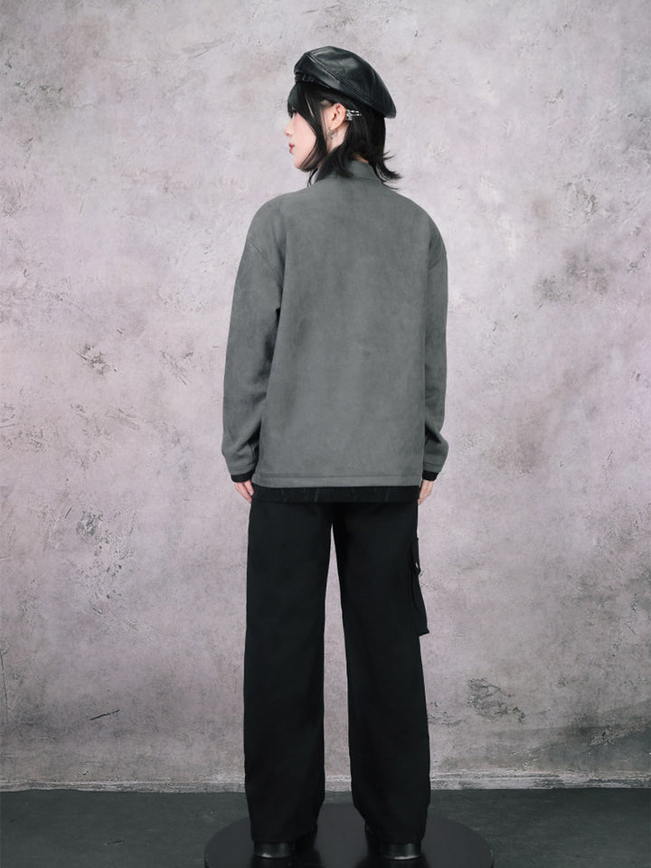 Gray Raven Graphic Faux-Layered Stand-Collar Shirt