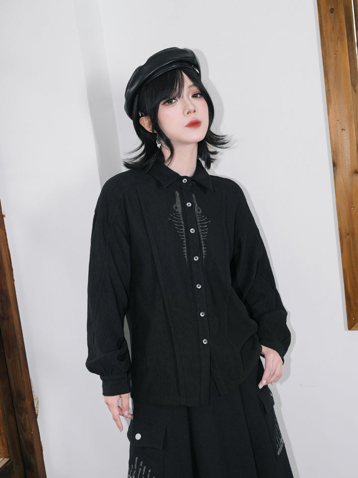 Black Skeleton Embroidered Balloon-Sleeve Shirt