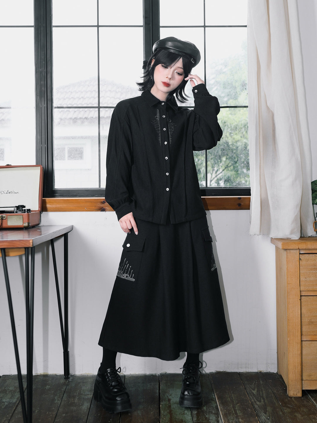 Black Skeleton Embroidered Balloon-Sleeve Shirt