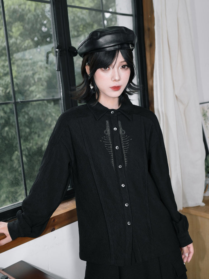 Black Skeleton Embroidered Balloon-Sleeve Shirt