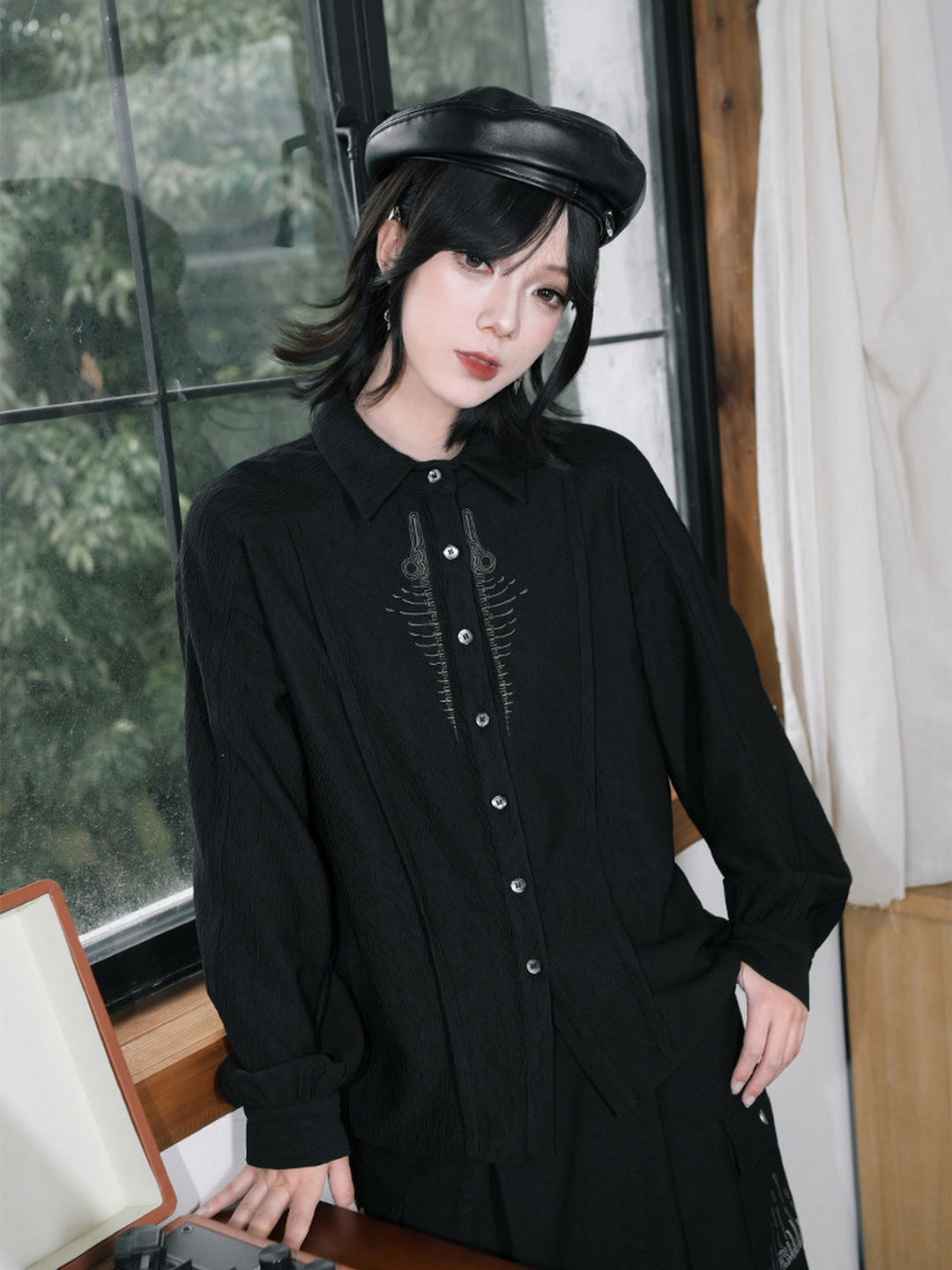 Black Skeleton Embroidered Balloon-Sleeve Shirt