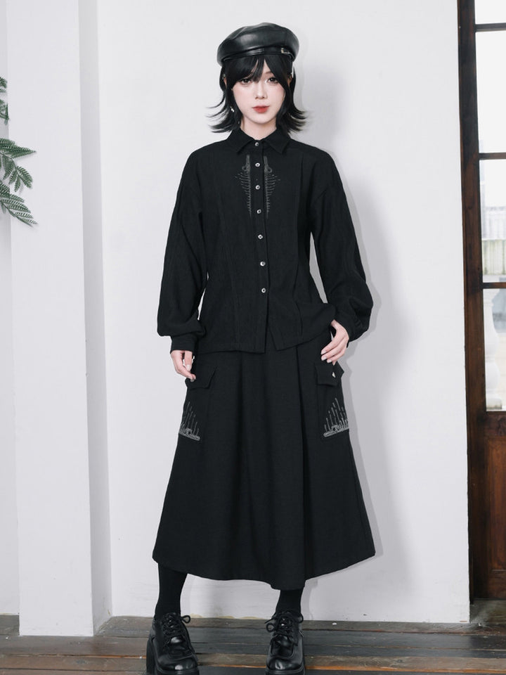 Black Skeleton Embroidered Balloon-Sleeve Shirt