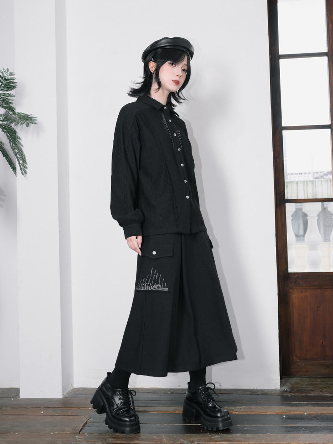 Black Skeleton Embroidered Balloon-Sleeve Shirt