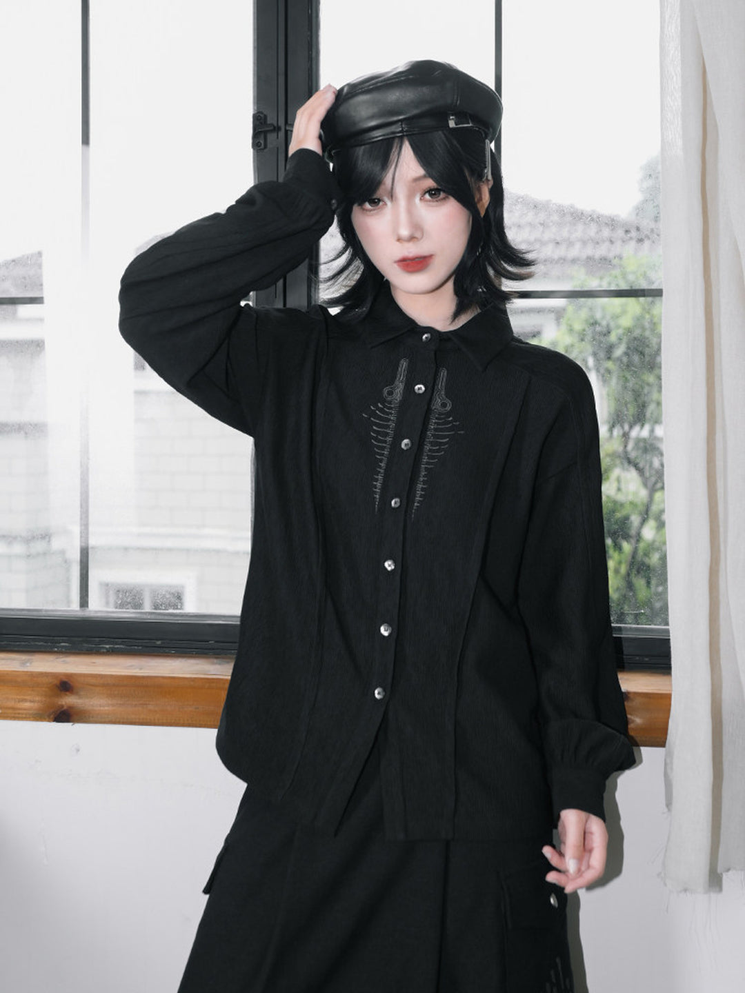 Black Skeleton Embroidered Balloon-Sleeve Shirt