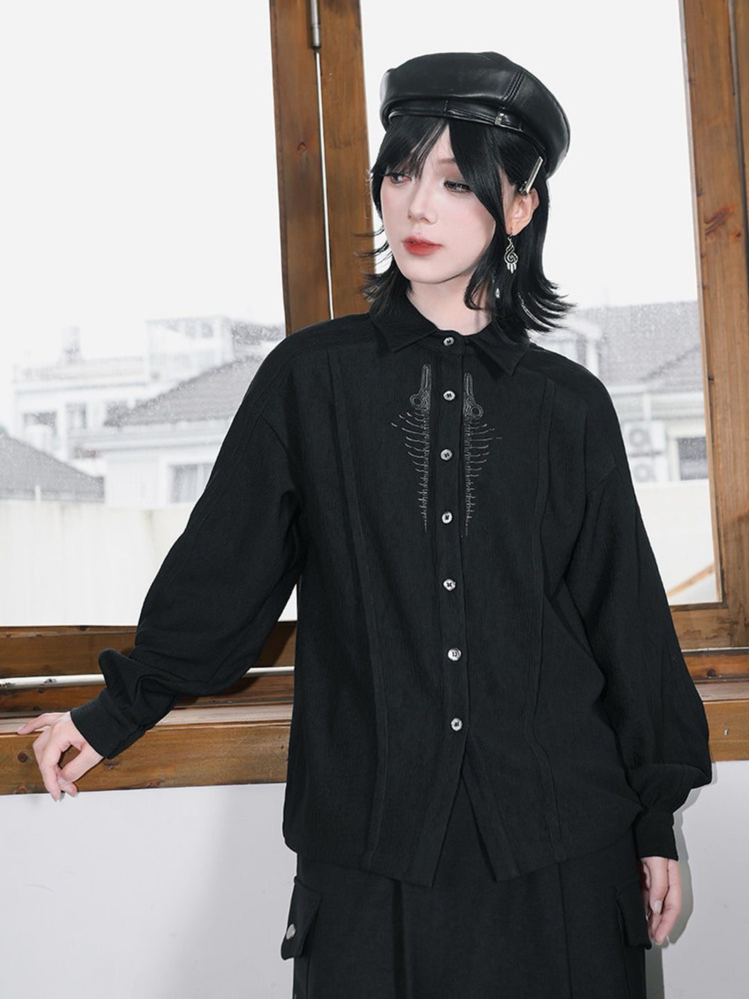 Black Skeleton Embroidered Balloon-Sleeve Shirt