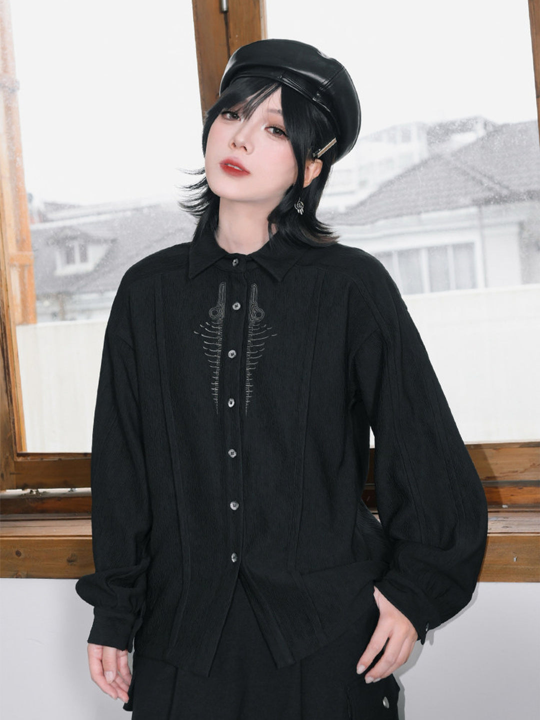 Black Skeleton Embroidered Balloon-Sleeve Shirt