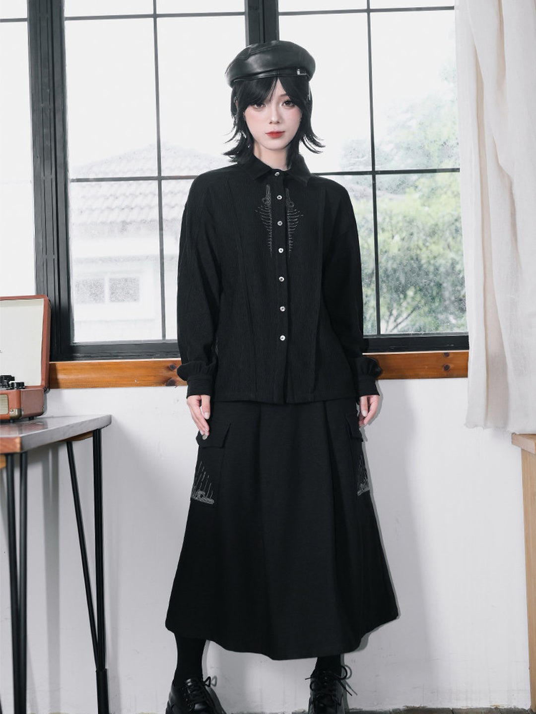 Black Skeleton Embroidered Balloon-Sleeve Shirt