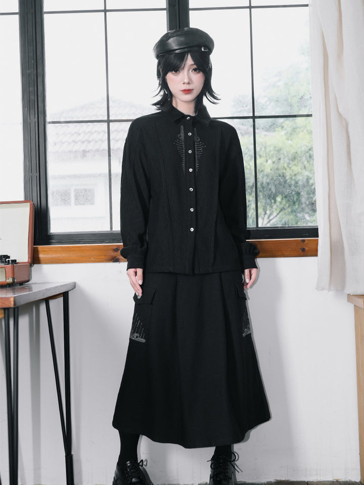 Black Skeleton Embroidered Balloon-Sleeve Shirt