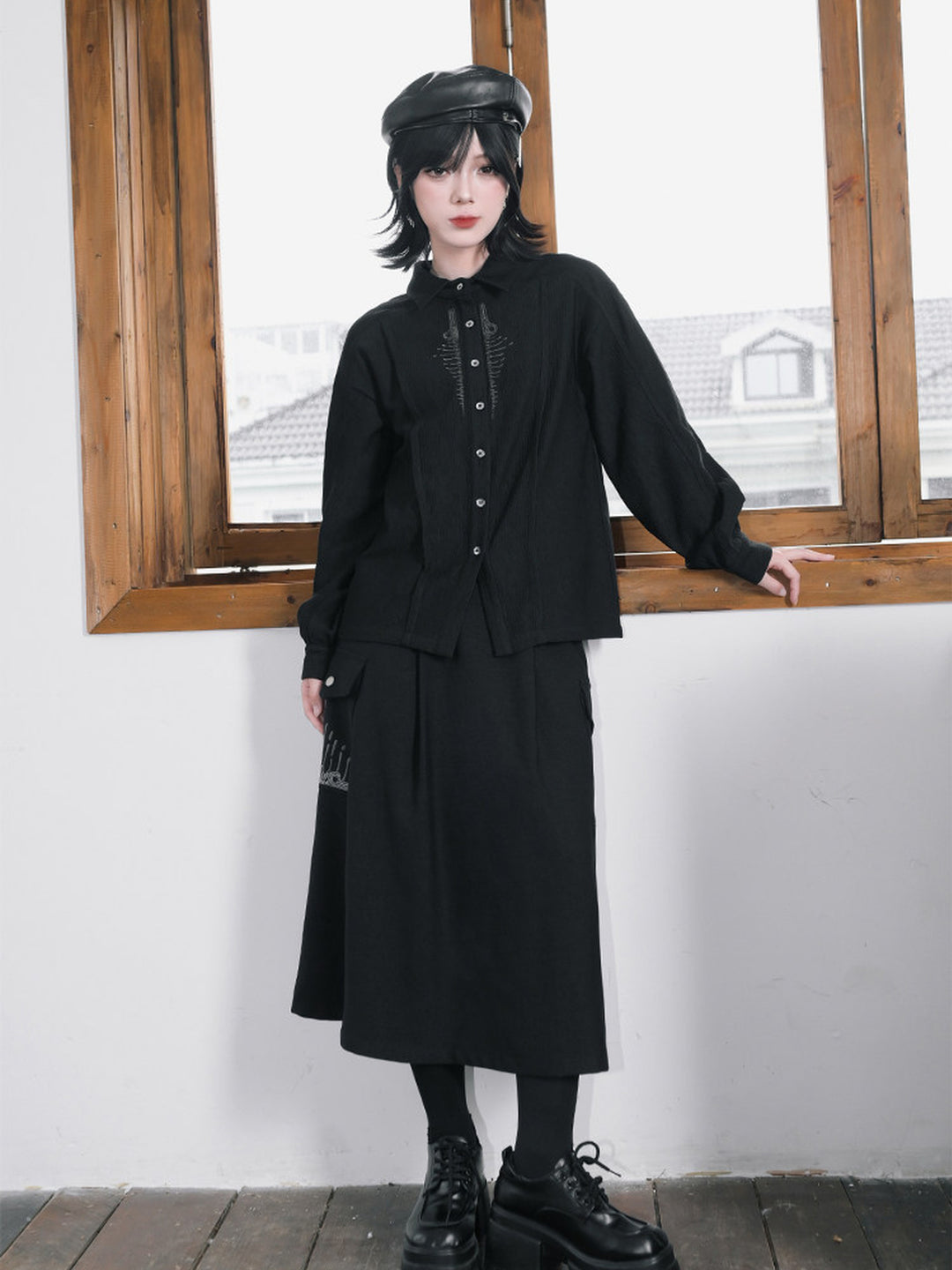 Black Skeleton Embroidered Balloon-Sleeve Shirt