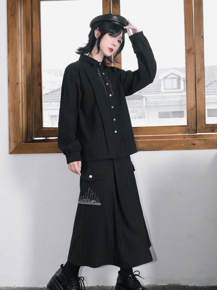 Black Skeleton Embroidered Balloon-Sleeve Shirt