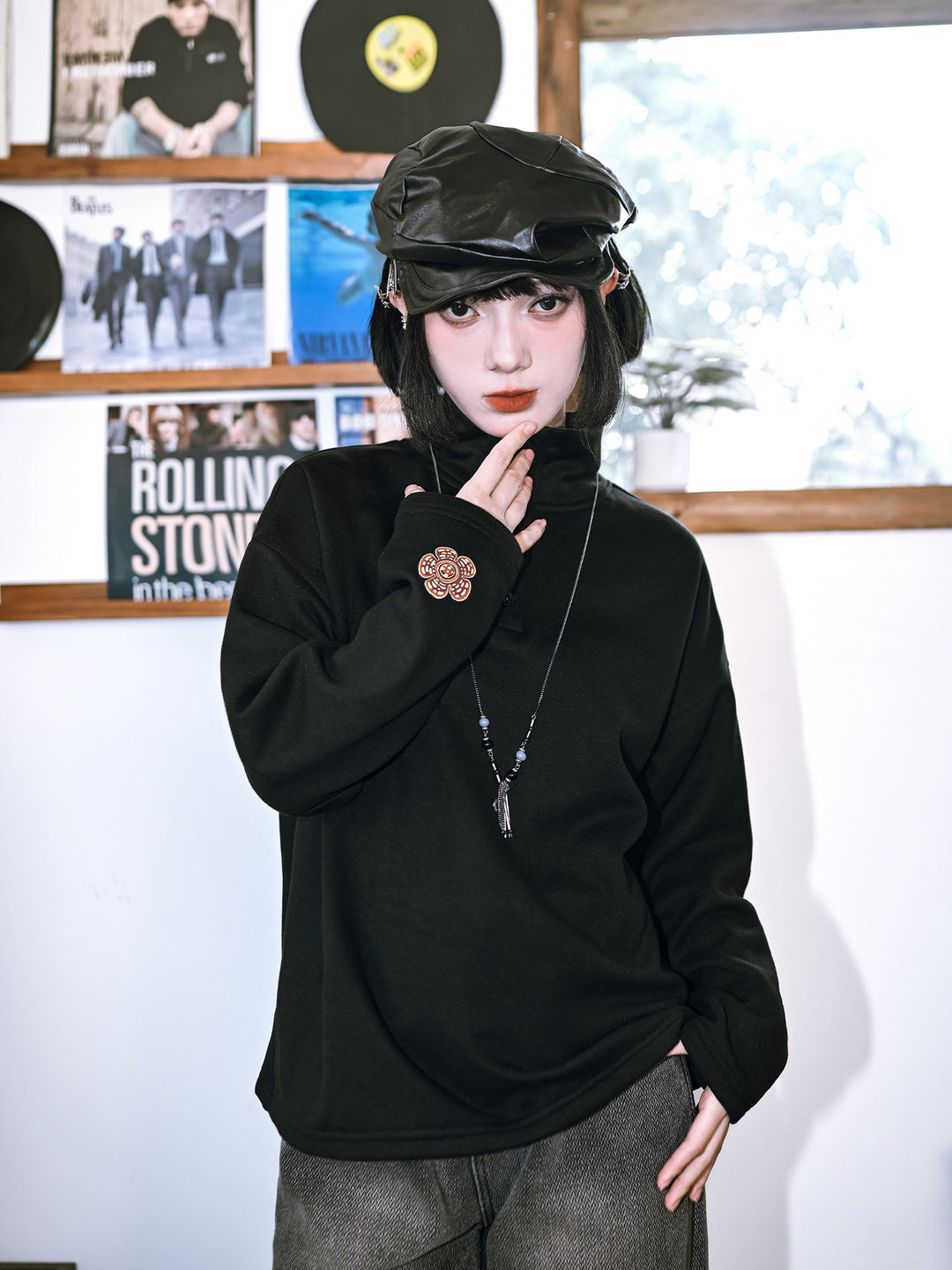 Black Floral Embroidered Stand-Collar Long-Sleeve Top