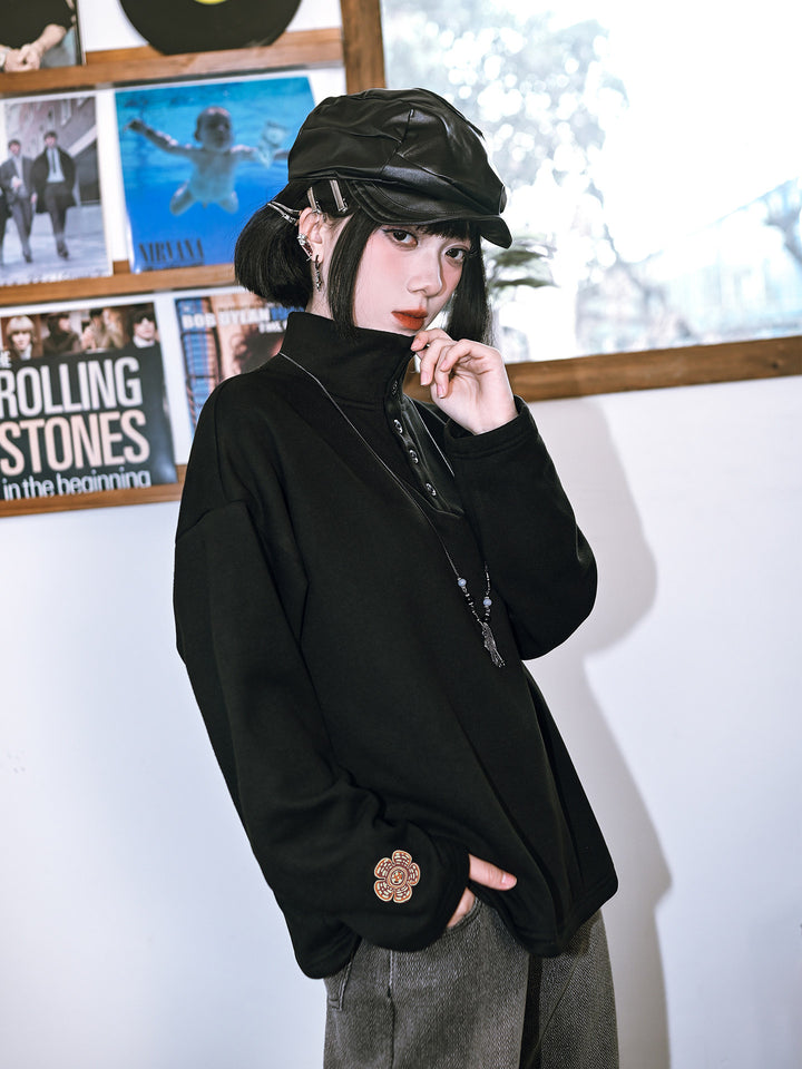 Black Floral Embroidered Stand-Collar Long-Sleeve Top