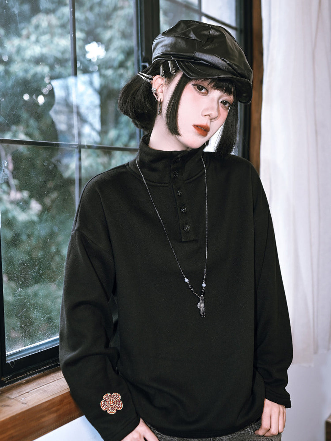 Black Floral Embroidered Stand-Collar Long-Sleeve Top