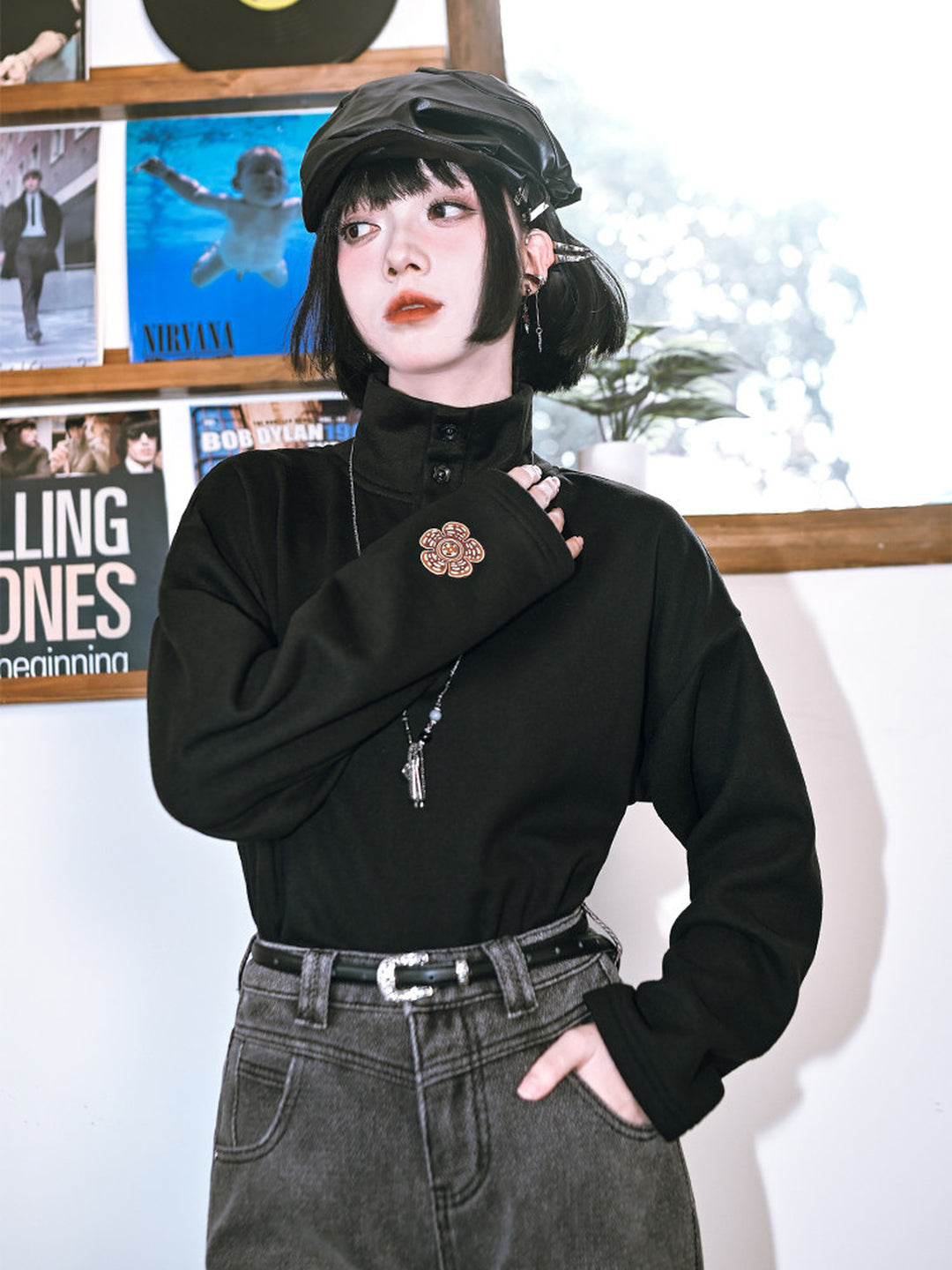 Black Floral Embroidered Stand-Collar Long-Sleeve Top