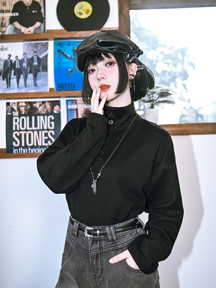 Black Floral Embroidered Stand-Collar Long-Sleeve Top