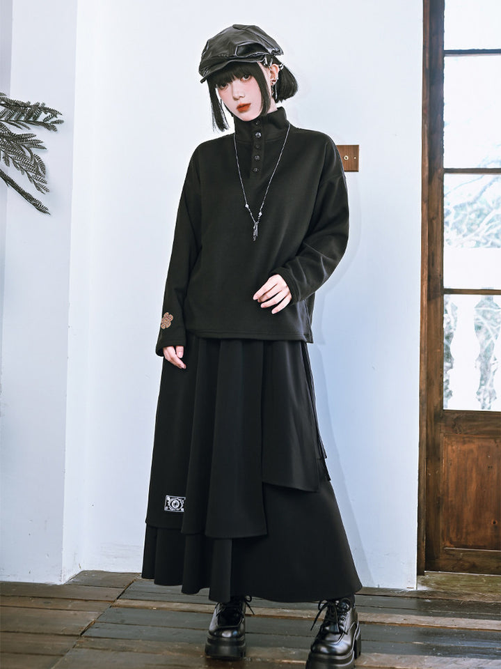 Black Floral Embroidered Stand-Collar Long-Sleeve Top