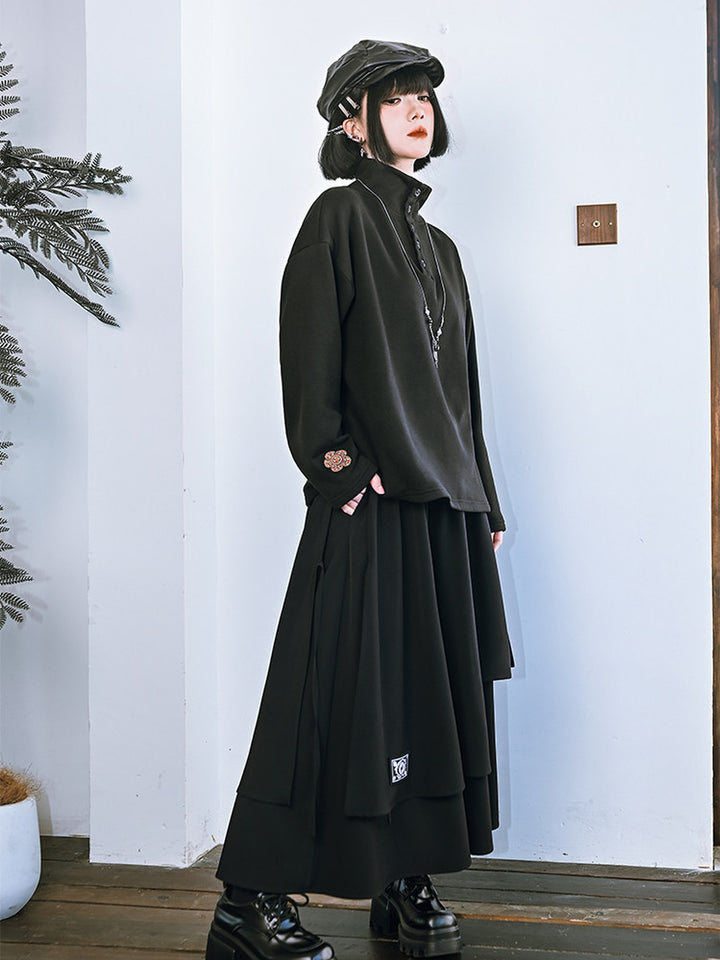Black Floral Embroidered Stand-Collar Long-Sleeve Top